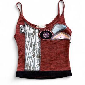 Y2K Patchwork Red Cami – Indie Designer Boho Graphic Tank Top M